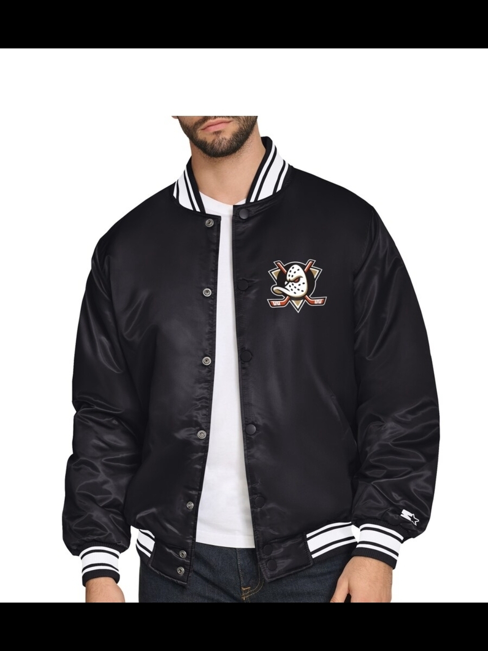 STARTER Black Satin Varsity Jacket with Logo Patch